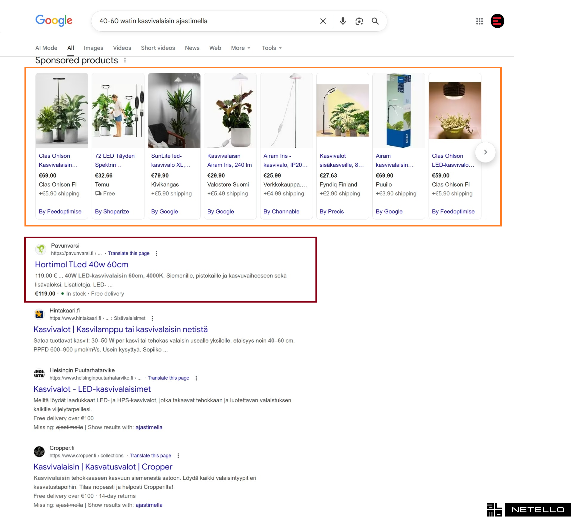 Googlen hakutulossivun näkymä shopping-mainoksista sekä orgaanisista hakutuloksista haulle 